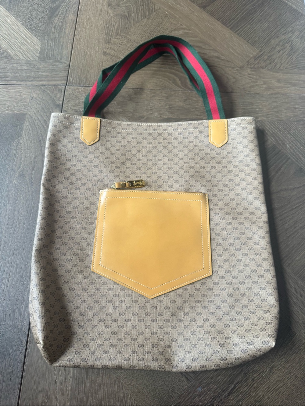 Gucci Beige Monogram Tote with Yellow Front Pocket and Green-Red Striped Handles